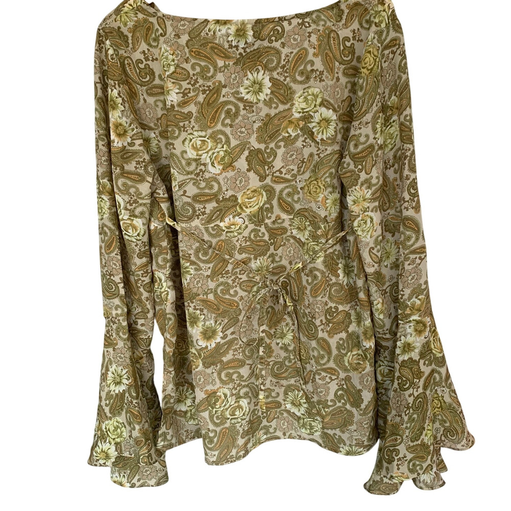 Retro Top Women's Size XL Peplum Sheer Fairy Tie Back Bell Sleeves Paisley - Picture 2 of 5